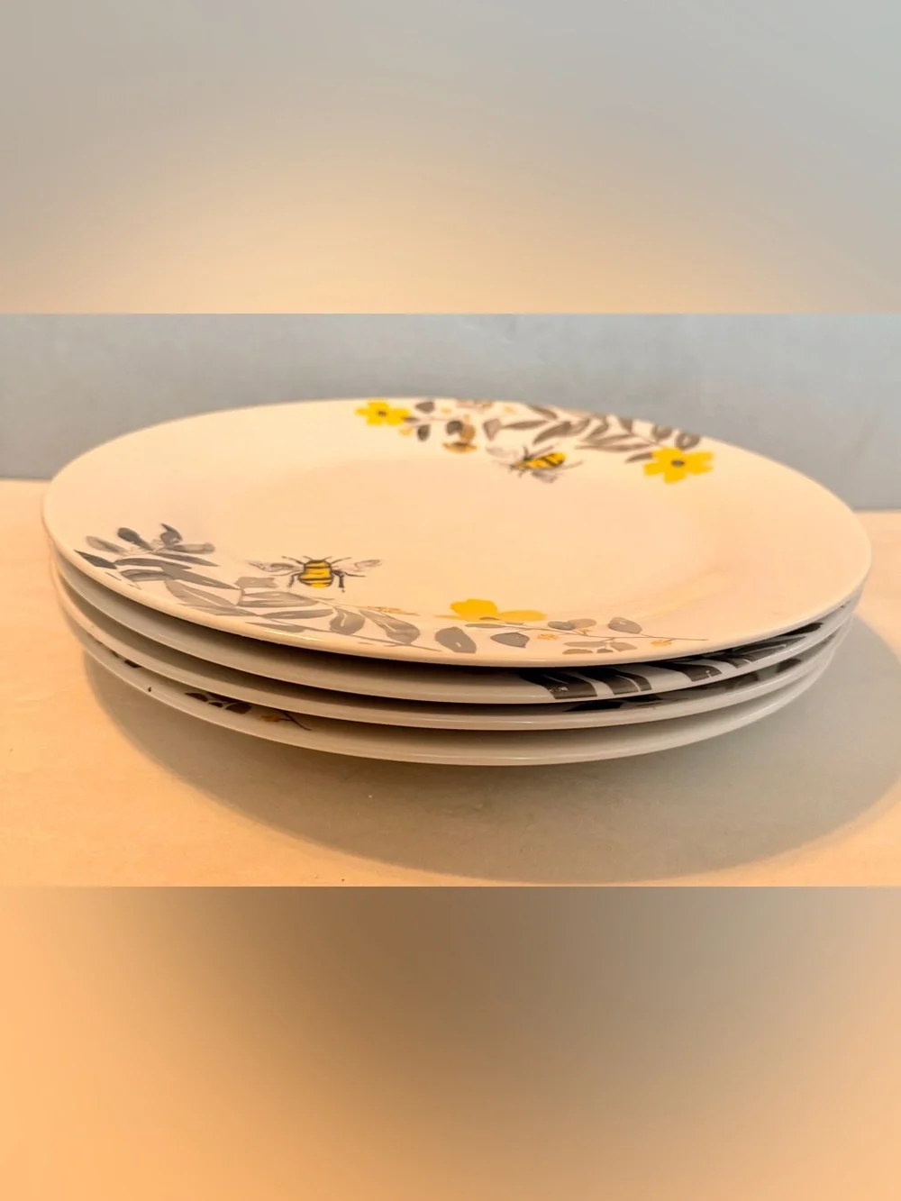 Royal Norfolk Spring Bees Yellow Floral Dinner Plates 10.5”, Set of 4